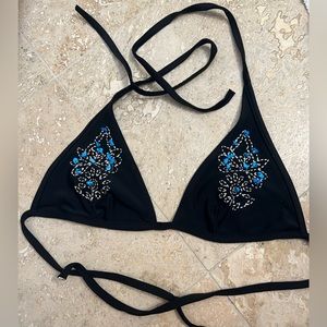 Black bikini top with turquoise stones stitched in